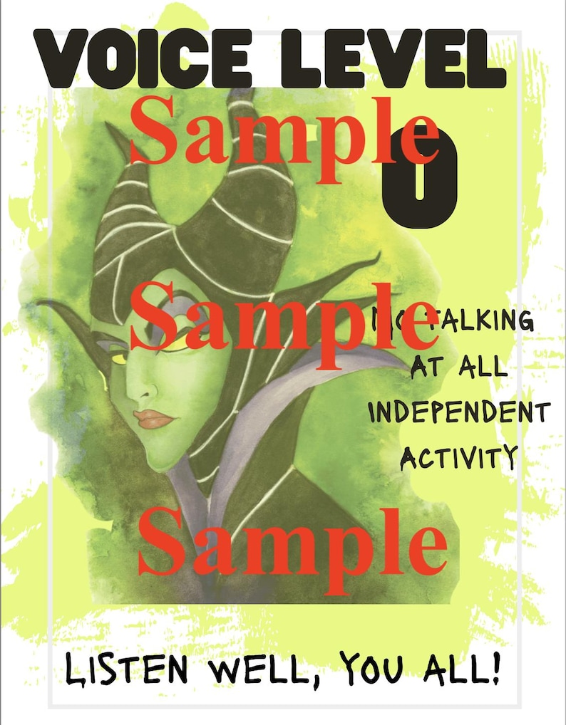 May include: A poster with a green and black illustration of a character with horns. The words "VOICE LEVEL" and "0" are at the top. The word "Sample" is written in red over the image. Text reads "Talking at all, Independent Activity, Listen well, you all!"