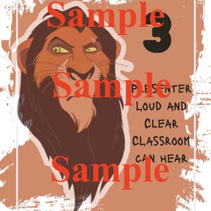 May include: A poster with a cartoon illustration of a lion's head, featuring the text "VOICE LEVEL" at the top and "BE PREPARED!" at the bottom. The poster has a brown and white color scheme with the word "Sample" repeated.