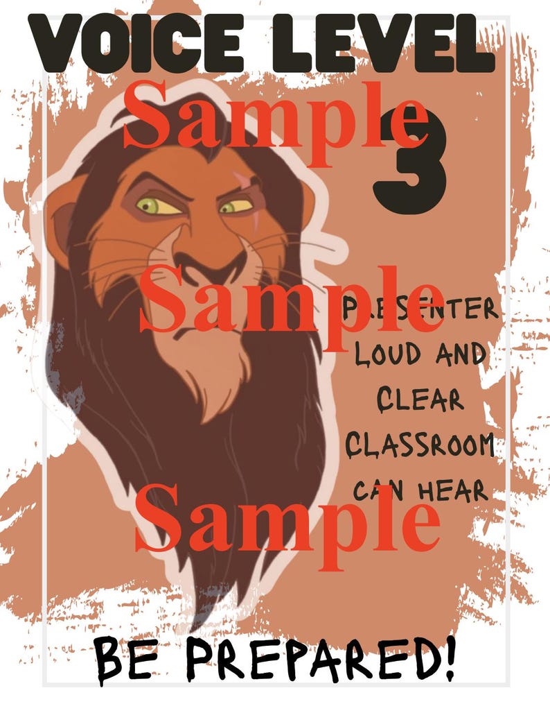 May include: A poster with a cartoon illustration of a lion's head, featuring the text "VOICE LEVEL" at the top and "BE PREPARED!" at the bottom. The poster has a brown and white color scheme with the word "Sample" repeated.