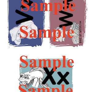May include: Three illustrations with the word "Sample" in orange. The top two illustrations have a blue and maroon background, respectively. The bottom illustration has a teal background. Each illustration features a cartoon character.