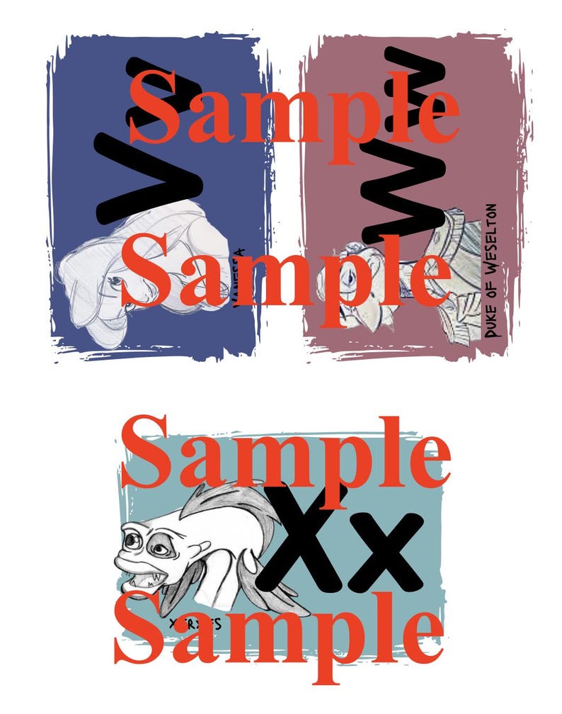 May include: Three illustrations with the word "Sample" in orange. The top two illustrations have a blue and maroon background, respectively. The bottom illustration has a teal background. Each illustration features a cartoon character.