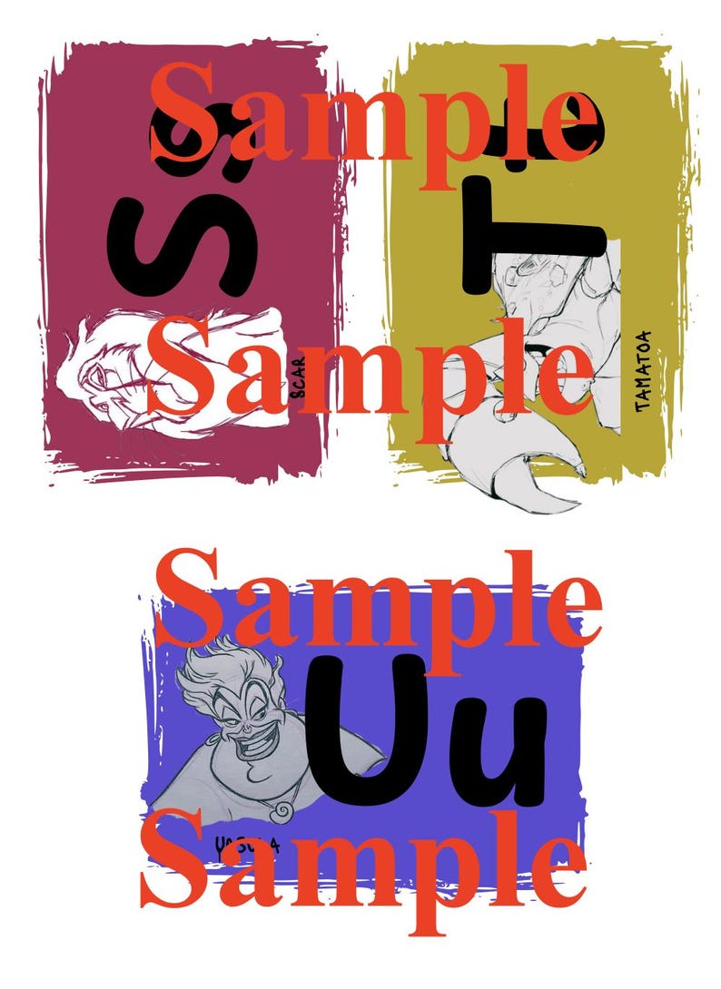 May include: Illustration featuring three panels with cartoon characters and the word "Sample" in orange. The top left panel has a red background with a drawing of a character. The top right panel has a yellow background with a drawing of a character. The bottom panel has a blue background with a drawing of a character.