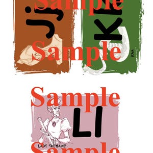 May include: Illustration featuring three panels with the word "Sample" in red. The panels depict a shoe, a snake, and a woman holding a flute. The text "Jr", "Kk", and "Li" are in black. The woman is labeled "Lady Tremaine".