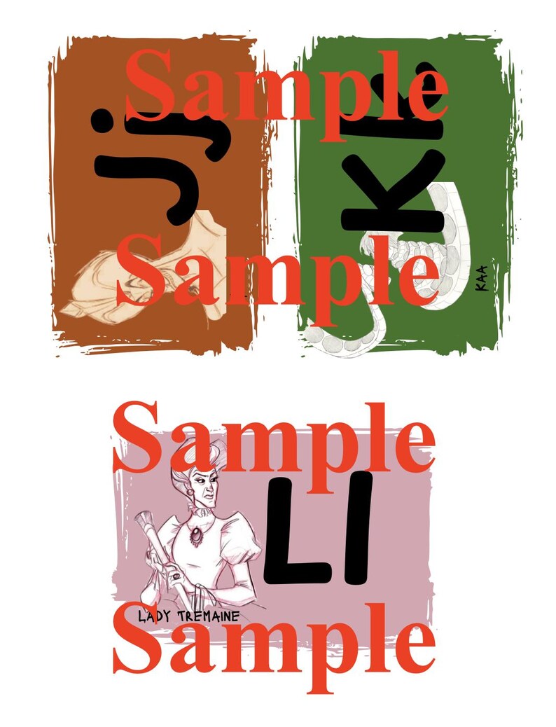 May include: Illustration featuring three panels with the word "Sample" in red. The panels depict a shoe, a snake, and a woman holding a flute. The text "Jr", "Kk", and "Li" are in black. The woman is labeled "Lady Tremaine".