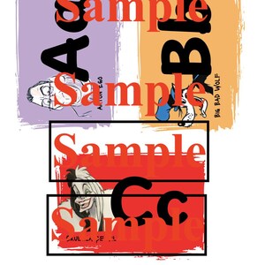 May include: A graphic design featuring three panels with cartoon illustrations and the word "Sample" in red. The panels include images of a man, a wolf, and a woman, each with a letter of the alphabet.