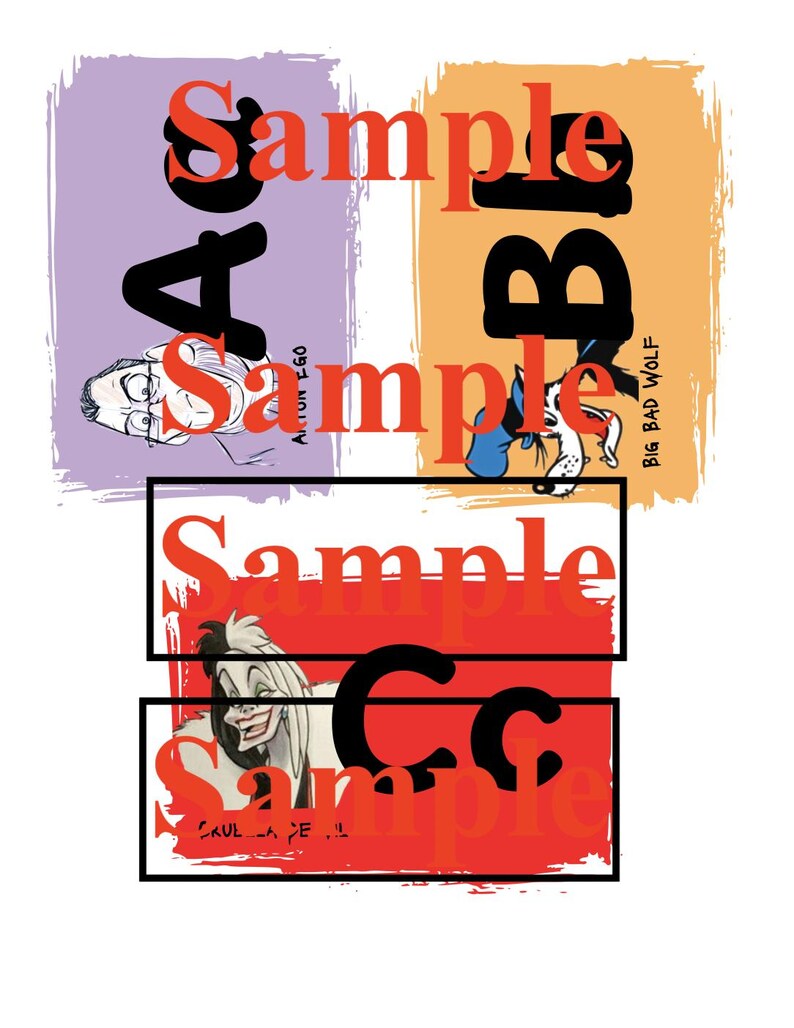 May include: A graphic design featuring three panels with cartoon illustrations and the word "Sample" in red. The panels include images of a man, a wolf, and a woman, each with a letter of the alphabet.