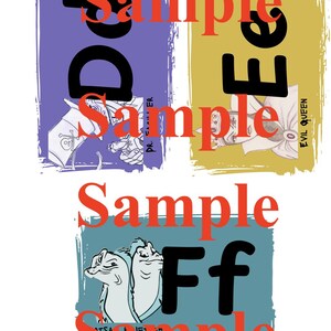 May include: A graphic design featuring three panels with illustrations and text. The top panels have the words "Sample" and "Dee" in red and black, with a cartoon image of a character. The bottom panel has the words "Sample" and "FF" in red and black, with a cartoon image.