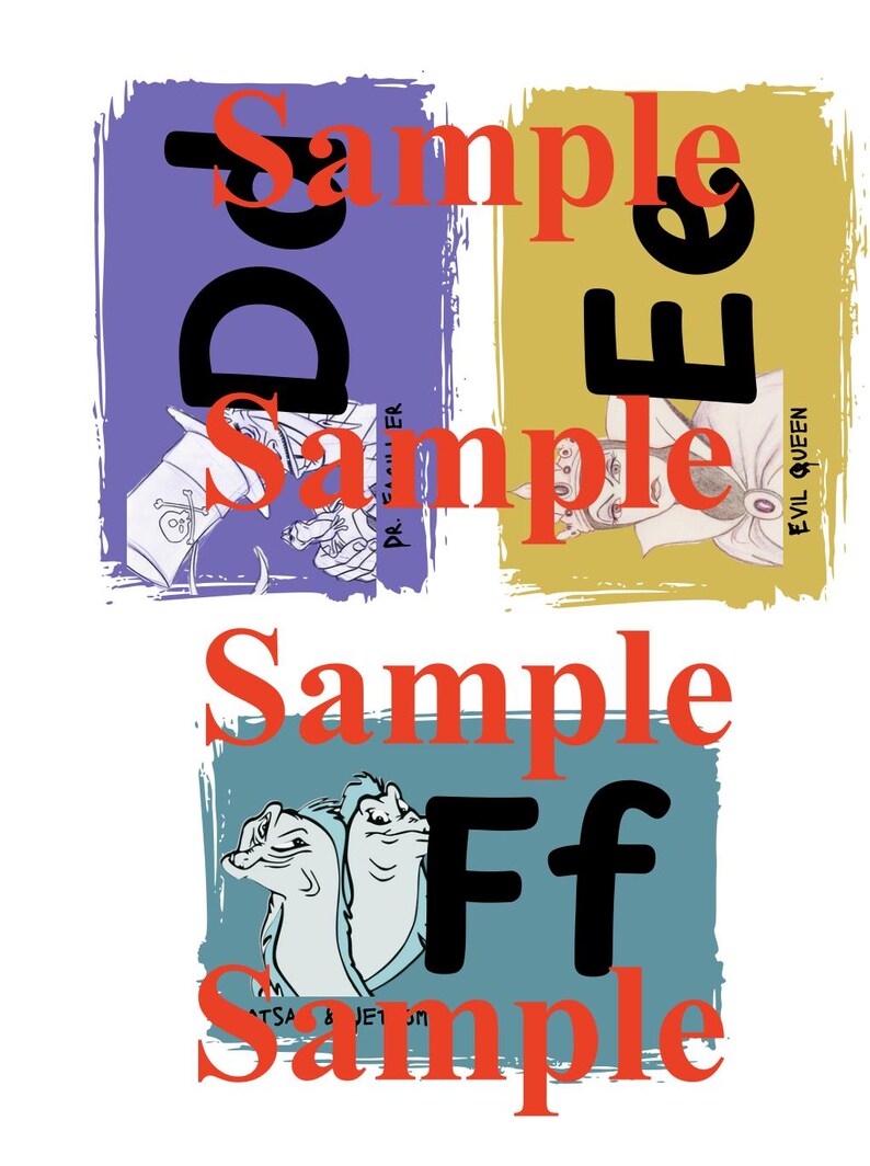 May include: A graphic design featuring three panels with illustrations and text. The top panels have the words "Sample" and "Dee" in red and black, with a cartoon image of a character. The bottom panel has the words "Sample" and "FF" in red and black, with a cartoon image.