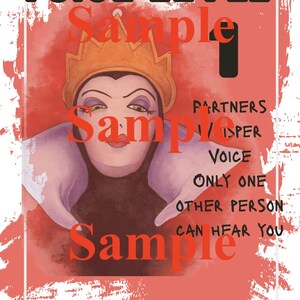 May include: A poster with a red background and the text "VOICE LEVEL" at the top. The image features a cartoon of a woman wearing a crown. The text "Sample" is overlaid in red. The text "WHO IS THE FAIREST ONE OF ALL?" is at the bottom.