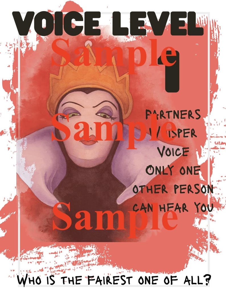 May include: A poster with a red background and the text "VOICE LEVEL" at the top. The image features a cartoon of a woman wearing a crown. The text "Sample" is overlaid in red. The text "WHO IS THE FAIREST ONE OF ALL?" is at the bottom.