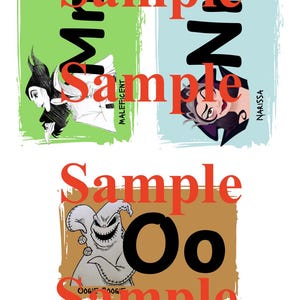 May include: Three colorful graphic designs featuring Disney villains. The first shows Maleficent on a green background, the second shows Narissa on a blue background, and the third shows Oogie Boogie on a brown background. The word "Sample" is printed in red over each design.