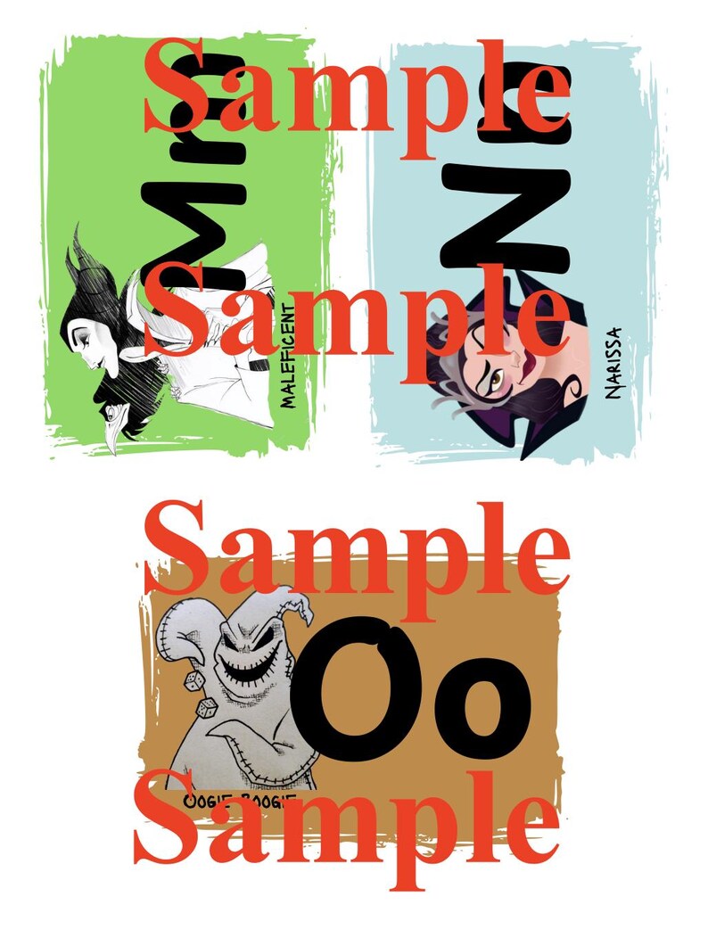 May include: Three colorful graphic designs featuring Disney villains. The first shows Maleficent on a green background, the second shows Narissa on a blue background, and the third shows Oogie Boogie on a brown background. The word "Sample" is printed in red over each design.