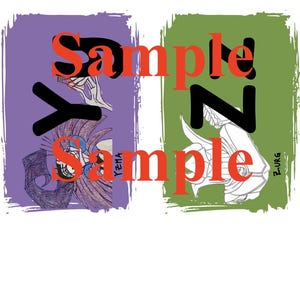 May include: Two abstract art pieces with a grunge style. One is purple with a drawing of a face and the text "Y ZMA". The other is green with a drawing of a face and the text "Z URG". Both have the word "Sample" in orange.