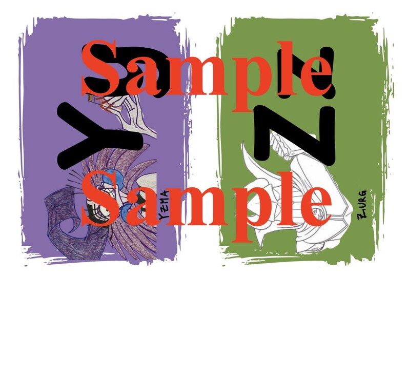 May include: Two abstract art pieces with a grunge style. One is purple with a drawing of a face and the text "Y ZMA". The other is green with a drawing of a face and the text "Z URG". Both have the word "Sample" in orange.