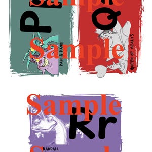 May include: A graphic design featuring three panels with cartoon illustrations. The top left panel is teal with a purple creature and the words "Pain & Panic". The top right panel is red with a Queen of Hearts illustration. The bottom panel is purple with a lizard and the name "Randall".