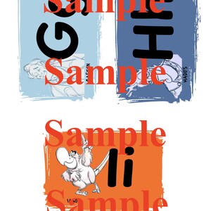 May include: Three graphic art pieces with the word "Sample" in red. The first piece is light blue with the letters "G" and a sketch of a person. The second piece is dark blue with the letters "H" and a sketch of a person. The third piece is orange with a cartoon bird.