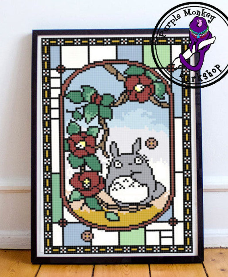 Ghibli My Neighbor Totoro Stained Glass Border Cross Stitch Etsy