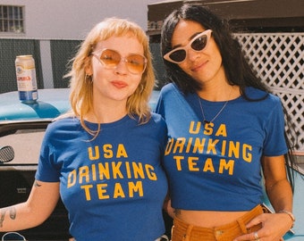 USA Drinking Team Tee- Womens fitted tee- 70s 80s tee- Made in USA- Ethical Fashion- Sweatshop free- Vintage inspired graphic tee