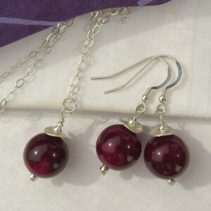 Collier pendentif boucles d'oreilles en agate couleur prune cerise, argent sterling 925, ensemble de pierres précieuses, violet violet, bijoux audacieux en agate organique image 1