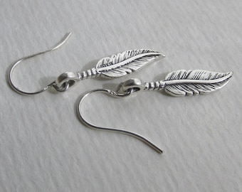 solid dark silver feather charms earrings, 925 Sterling Silver, boho bohemian native American Indian inspired jewelry, unisex silver earring