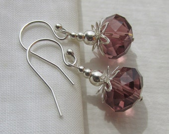 Boucles d'oreilles en cristal rose poudré, argent sterling 925, cristaux de quartz scintillants à facettes, rosace florale, boucle d'oreille romantique rose rose mauve mauve