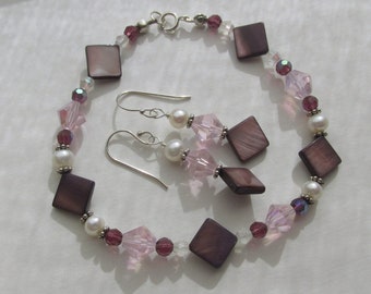 Parure de boucles d'oreilles et bracelet en nacre, perles de culture, argent sterling 925, bijoux en nacre rose mauve, aurore boréale rose