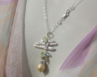 Collier avec pendentif en forme de pierre de lune et topaze citron Biwa, argent sterling 925, perles d'eau douce, quartz citron, pierres précieuses gris jaune