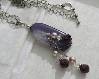 long collier pendentif en cristal de perle mauve rose agate violette, géode druzy, argent sterling 925 oxydé, gros bijoux de déclaration de pierres précieuses