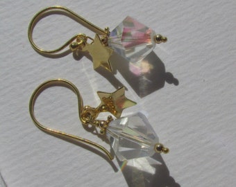 Boucles d'oreilles à breloque étoile en cristal aurore boréale transparent, argent sterling 925 plaqué or vermeil 14 carats 585, boucles d'oreilles transparentes célestes