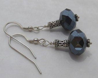 jet black faceted quartz crystal earrings, Aurora Borealis sparkle, 925 Sterling Silver, vintage-antique style, gothic boho bohemian jewelry