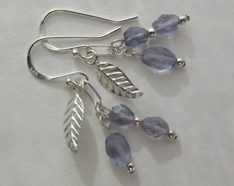 dainty iolite water sapphire earrings, 925 Sterling Silver, pale blue faceted gemstones, delicate iolite chandelier ear danglers leaf charms