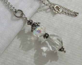 vintage antique style Crystal pendant necklace, sparkling Aurora Borealis quartz crystals rainbow hues, 925 Sterling Silver, old world style