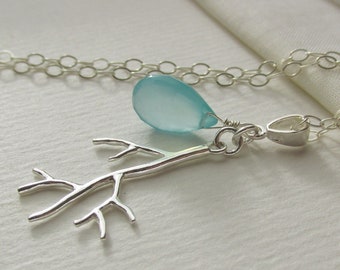 Chalcedony Coral branch necklace, 925 Sterling Silver, aqua blue gemstone pendant on chain, beach wedding jewelry, organic nautical necklace