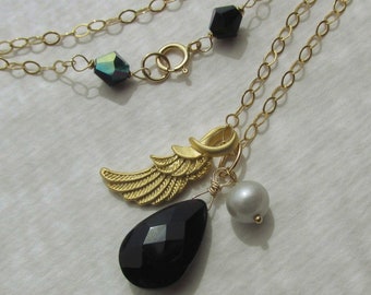 Angel Wing Black Chalcedony Crystal gray Pearl pendant necklace, 14 K gold filled, 585 GF, jet black Aurora Borealis Crystals, lucky charm