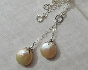 peach biwa coin pearl Y-pendant necklace, 925 Sterling Silver, cultured baroque Freshwater pearls, unique long rosy pink peach necklace
