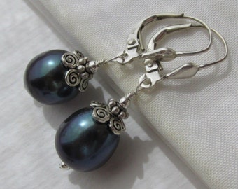 vintage-antique style pearl drop earrings, 925 Sterling Silver, Freshwater pearls, lustrous anthracite blue "Tahitian" color June birthstone