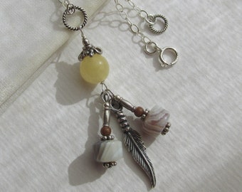 yellow Jade striped Botswana agate jasper pendant necklace, feather charm 925 Sterling Silver, native American Southwestern inspired jewelry