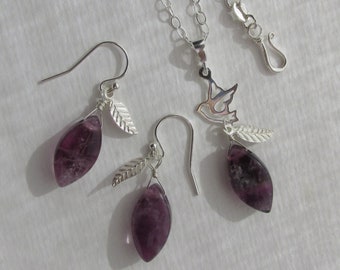 Sterling Silver rainbow Fluorite earrings pendant necklace chain, bird dove leaf charm, natural gemstone marquise drop, violet purple set