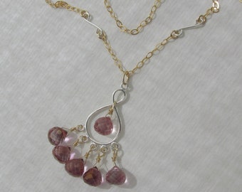 Collier pendentif topaze mystique rose bicolore, argent sterling 925 rempli d'or 14 carats 585, collier topaze AAA de style art déco, quartz rose poudré