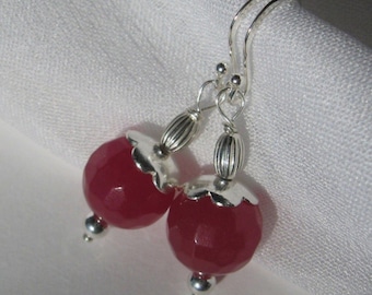 raspberry-red Jade earrings, 925 Sterling Silver, faceted gemstones, fuchsia-red Jade earrings, flower bead caps, organic floral jewelry