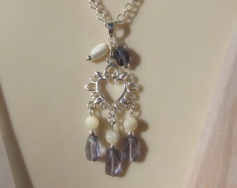 iolite Mother of Pearl cluster heart pendant necklace, water sapphire, 925 Sterling Silver, heart ornament white pale blue faceted gemstones