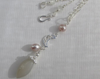 Collier pendentif perle en pierre de lune, breloque croissant de lune, argent sterling 925, collier de pierres précieuses gris blanc, rose mauve, pierre de naissance juin