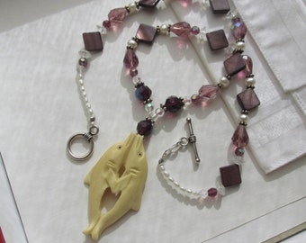 Collier de perles de culture en cristal nacre dauphins dansants, collier marin, argent sterling 925, rose mauve poussiéreux, mariage sur la plage