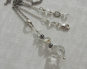 old world style Crystal pendant necklace, Aurora Borealis quartz crystals, sparkling rainbow hue, 925 Sterling Silver, vintage antique style