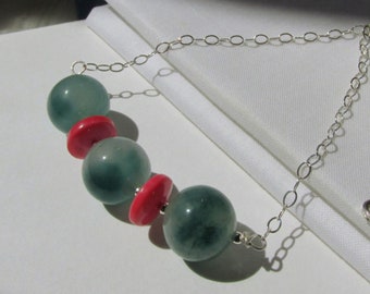 Jade Mother of Pearl necklace, 925 Sterling Silver, aqua sea green gemstones, pink shell, ocean hues summer gemstone bar layering necklace