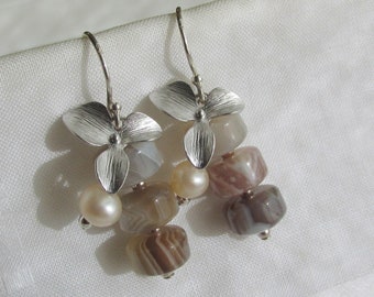 striped Botswana agate cultured peach pearls earrings, wild orchid flower charms, 925 Sterling Silver, pearl banded agate earrings, floral