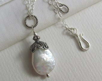 Chaîne de collier pendentif perle baroque biwa, argent sterling 925, goutte de perle d'eau douce, collier de mariée de style vintage, bijoux en perles blanches