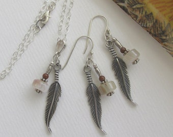 striped agate jasper earrings pendant necklace, 925 Sterling Silver, long solid silver feathers, natural banded agate jasper jewelry set