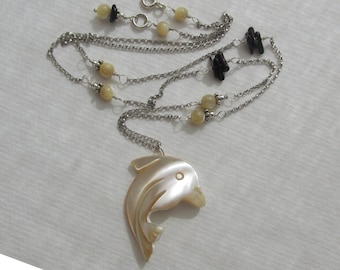 black coral carved dolphin Mother of Pearl shell necklace, Sterling Silver 925, natural seashell MOP pendant, nautical animal lover gift
