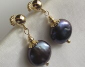 iridescent biwa pearl earrings, ear studs, lavender-blue quot Tahiti quot color, 14 K gold filled, 585 GF, Freshwater coin pearls, baroque pearl